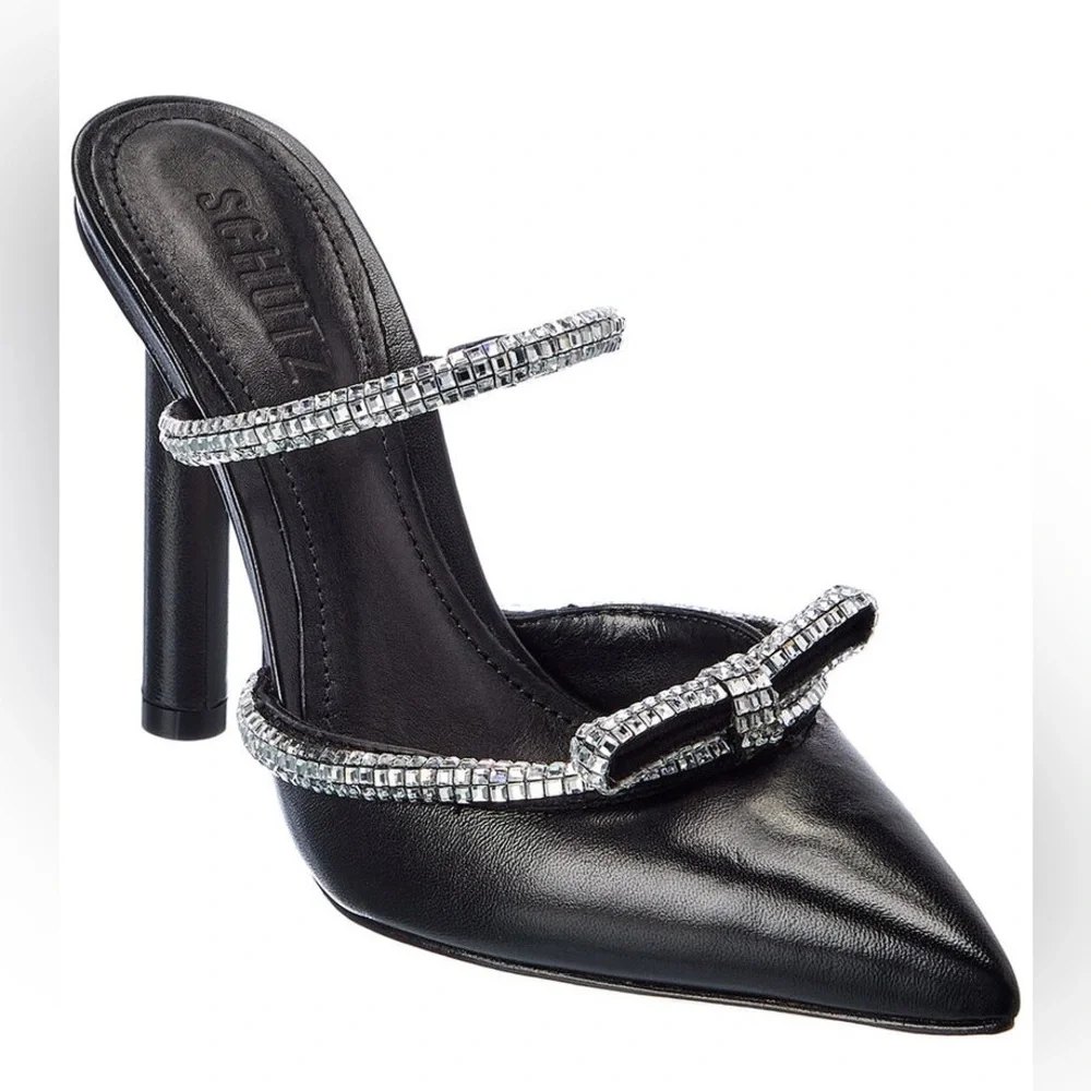 SCHUTZ Avril Crystal Trim‎ Leather Rhinestones Stilettos Heels size 7.5